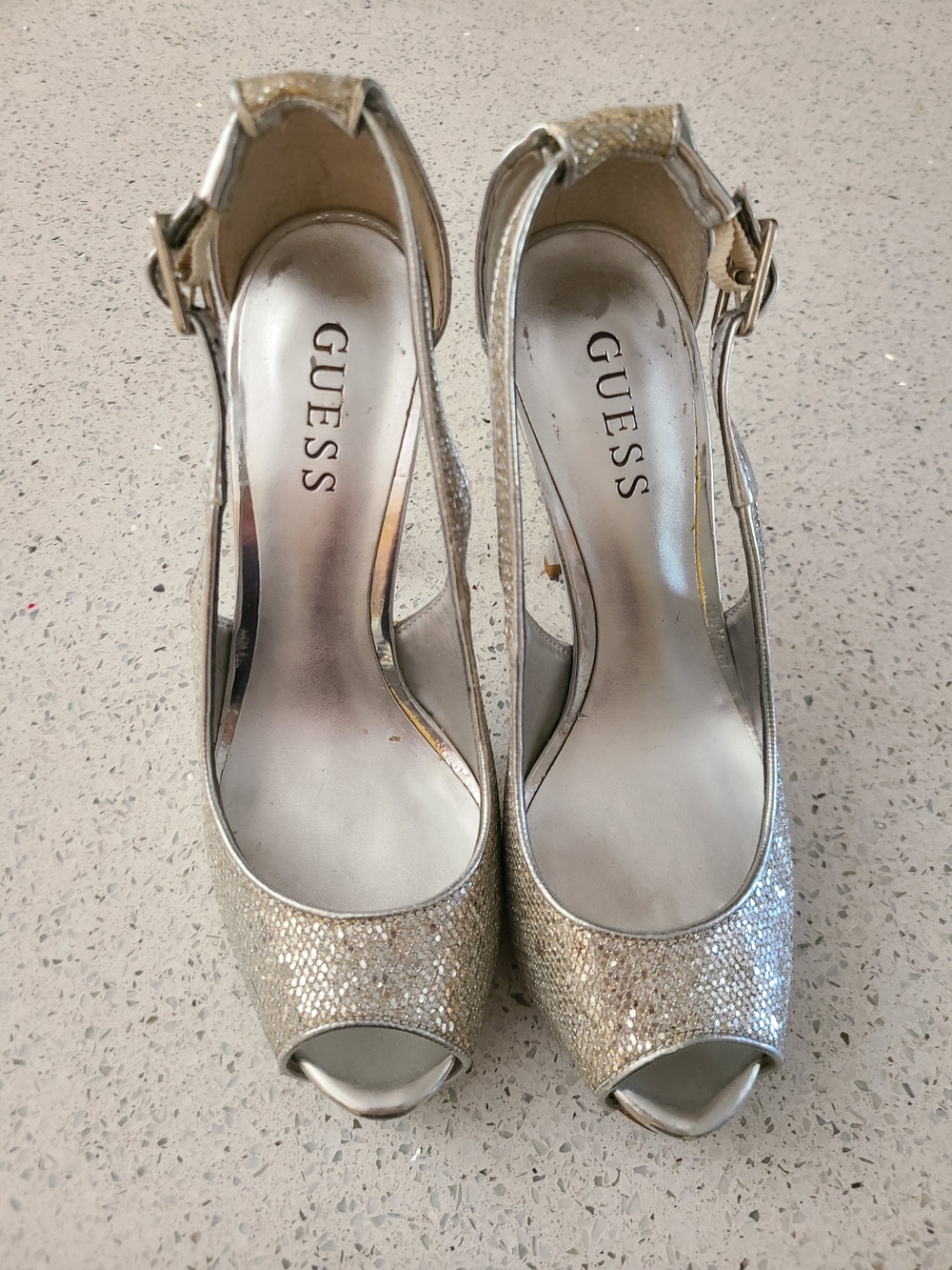 GUESS Gold Glitter Peep-Toe Platform Heels